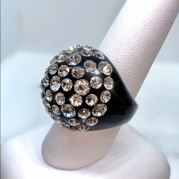 Women’s Black Acrylic Ring Embellished With Swarovski Crystal Stones, Dome Shape - Picture 13 of 15
